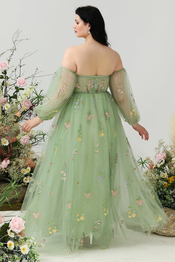 En linje fra skulderen grøn plus size gallakjole med broderi